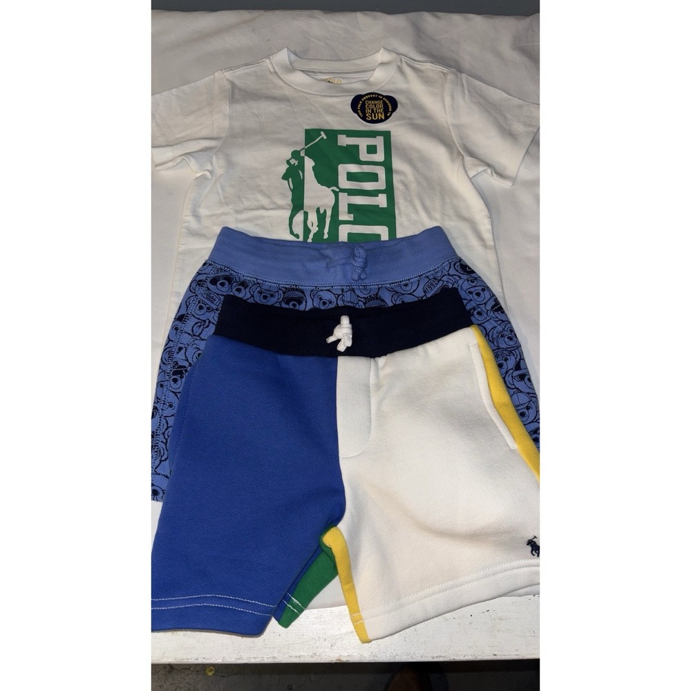Polo‎ Ralph Lauren Kid's Logo Cotton Glow Tee Color- Polo Bear Fleece Shorts, 2T